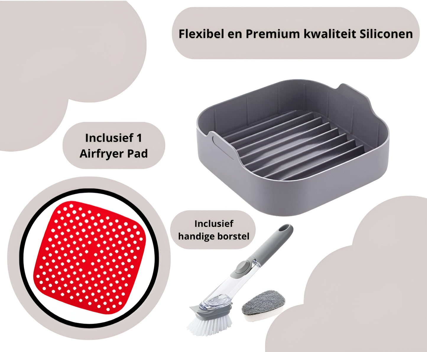 Qualty Siliconen Airfryer Set | Bakje + Mat + Borstel | BPA-vrij