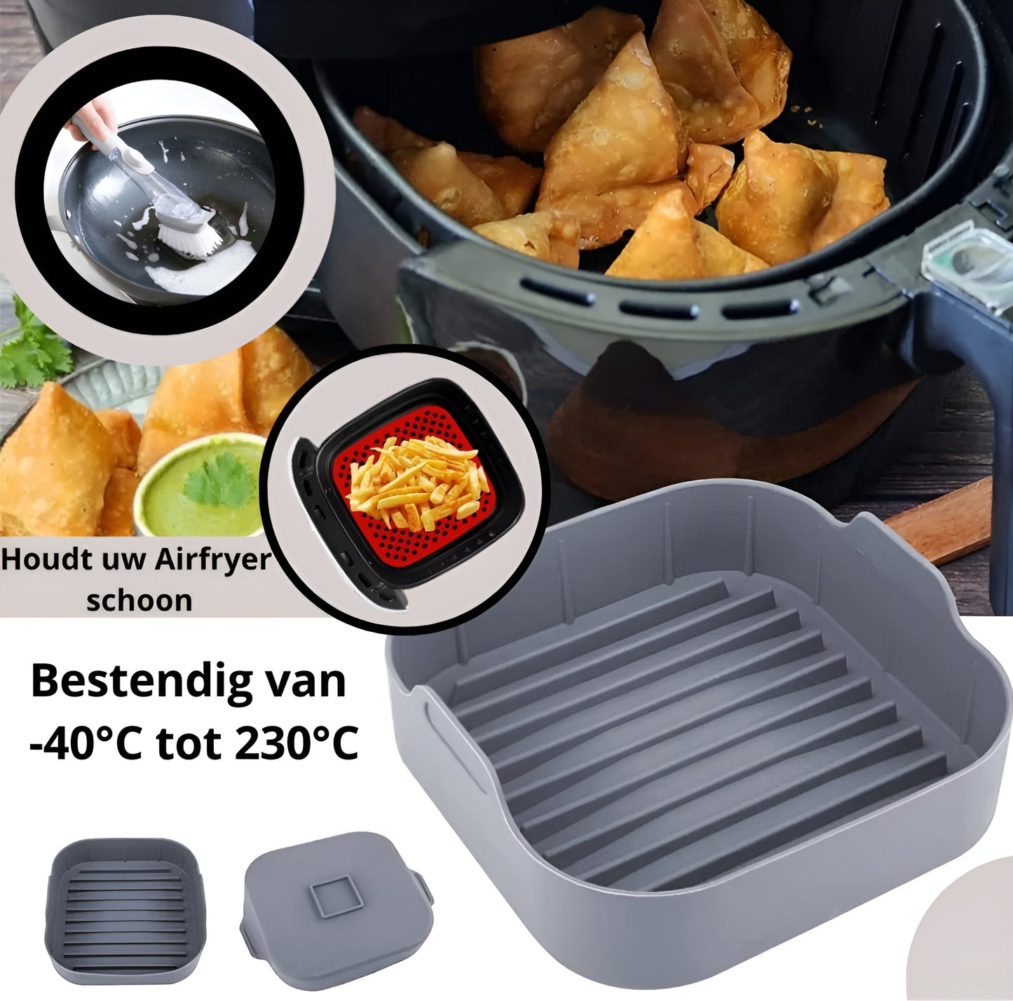 Qualty Siliconen Airfryer Set | Bakje + Mat + Borstel | BPA-vrij