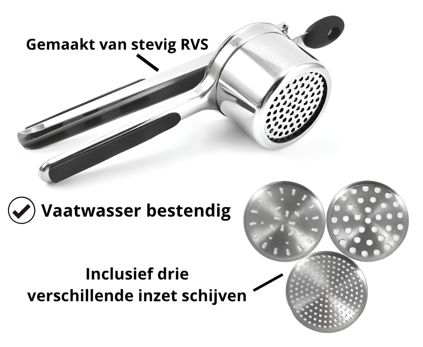 Qualty Aardappelpers RVS | 3 Persschijven | Siliconen Handvat