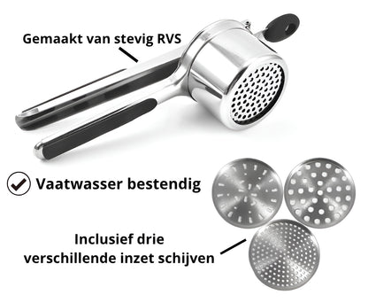 Qualty Aardappelpers RVS | 3 Persschijven | Siliconen Handvat