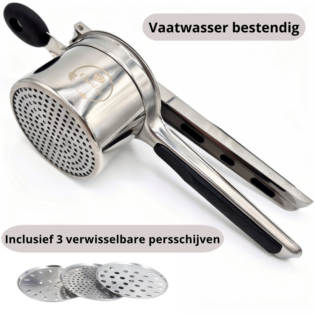 Qualty Aardappelpers RVS | 3 Persschijven | Siliconen Handvat