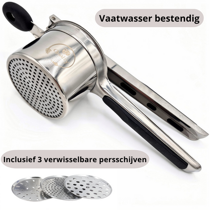 Qualty Aardappelpers RVS | 3 Persschijven | Siliconen Handvat