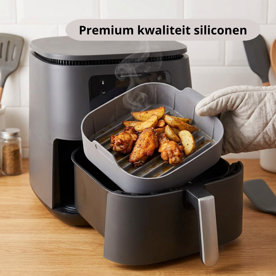 Qualty Siliconen Airfryer Set | Bakje + Mat + Borstel | BPA-vrij