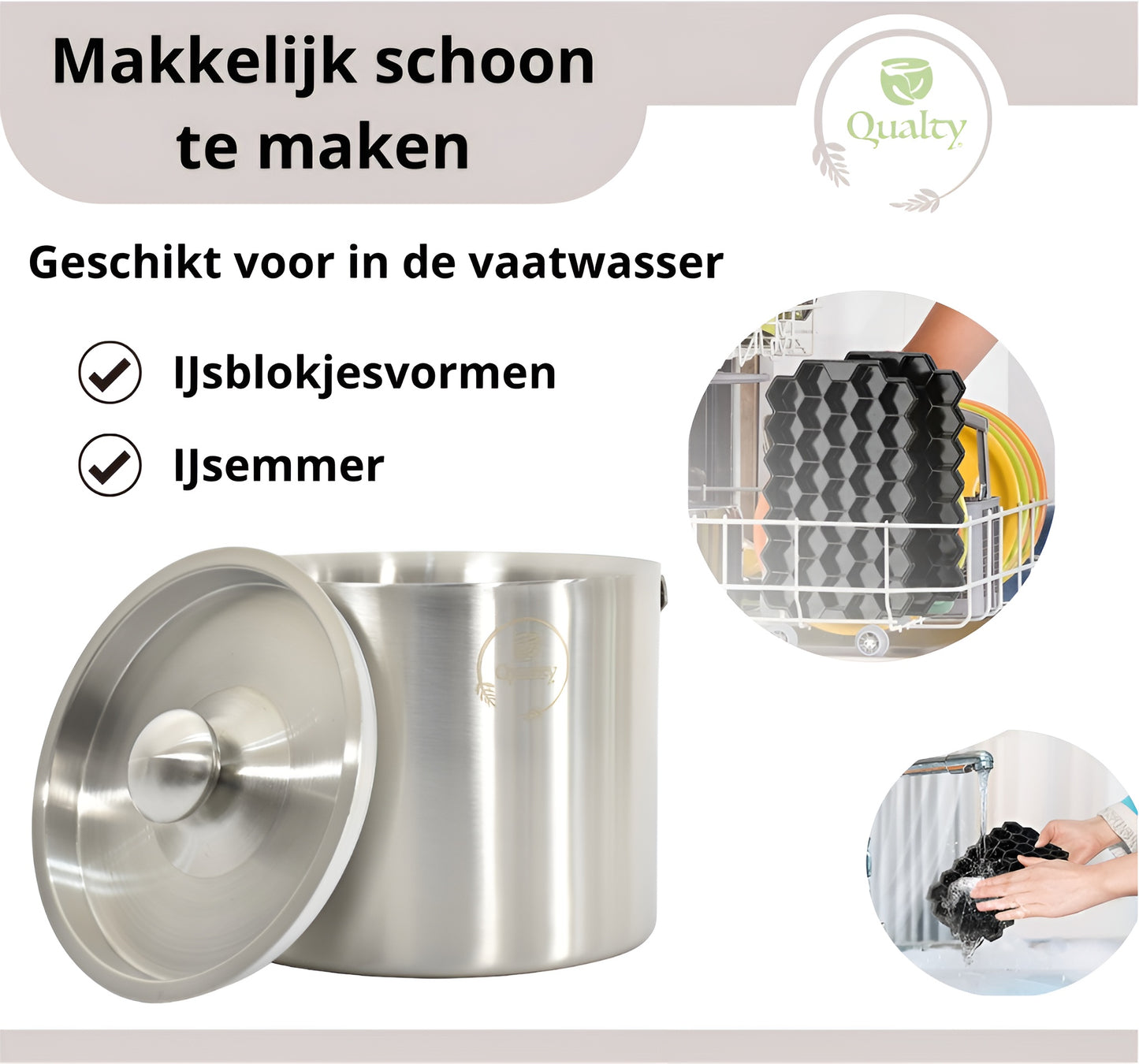 Qualty Luxe IJsemmer Set RVS | 3L | Dubbelwandig | Met IJsblokjesvormen