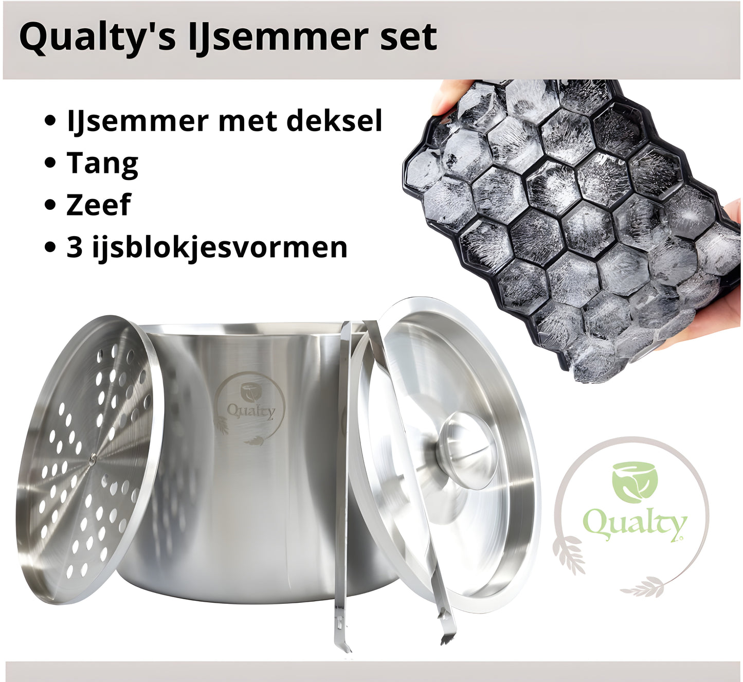Qualty Luxe IJsemmer Set RVS | 3L | Dubbelwandig | Met IJsblokjesvormen