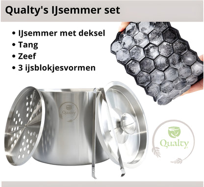 Qualty Luxe IJsemmer Set RVS | 3L | Dubbelwandig | Met IJsblokjesvormen