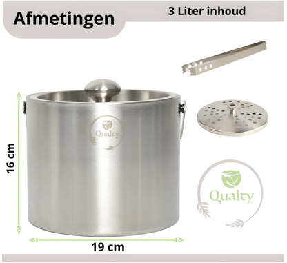 Qualty Luxe IJsemmer RVS | 3L | Dubbelwandig | Met Deksel & IJstang